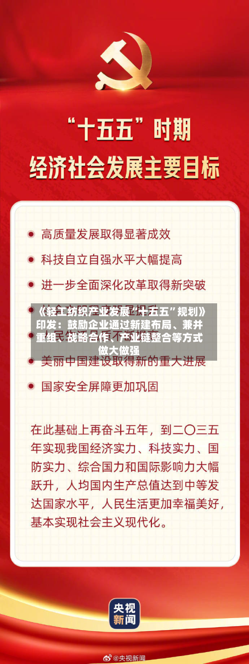 《轻工纺织产业发展“十五五”规划》印发:鼓励企业通过新建布局、兼并重组、战略合作、产业链整合等方式做大做强